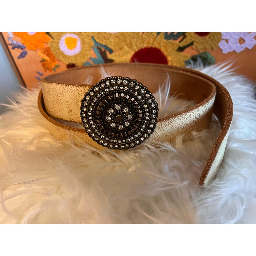 Women's Belt Fossil Genuine Leather Embossed Cream Metallic Rhinestone Buckle L